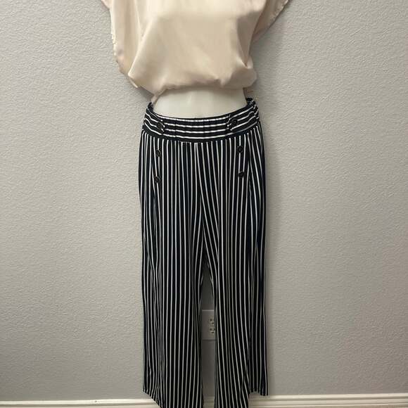 Sabrina Lauren Stripe Pull On Wide Leg Pants with Button Detail - Picture 3 of 4